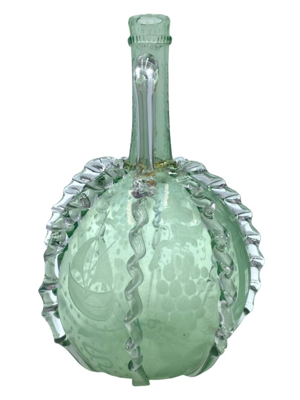 Vintage Green Glass Decanter With Etched Sailboat Design & Clear Swirls